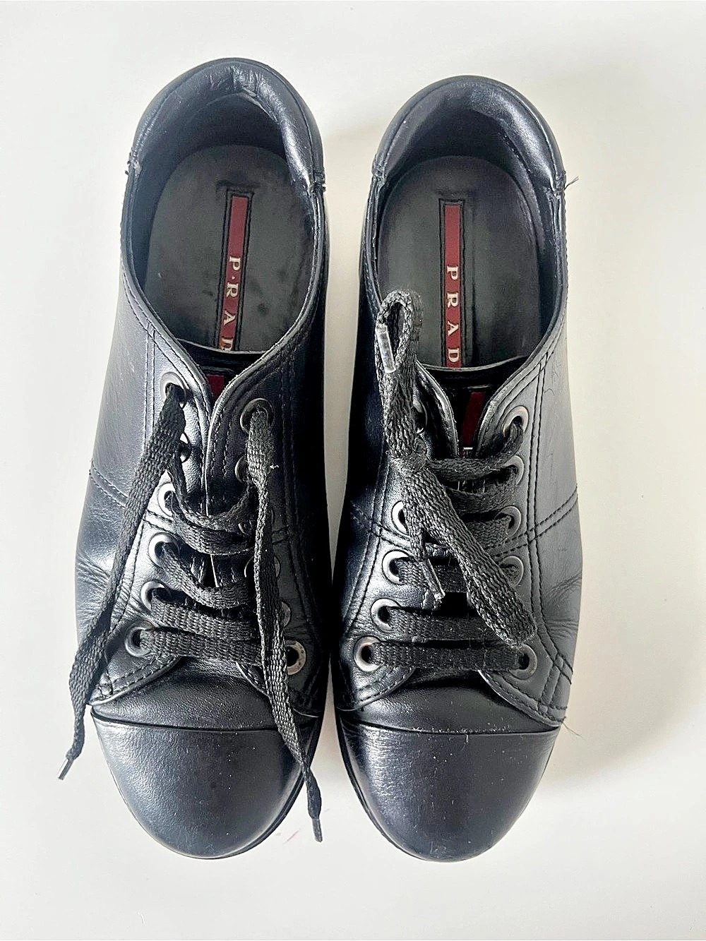 Prada Black Leather Sneakers / Oxfords Size 37.5 large ( 7.5W us) with dust bag